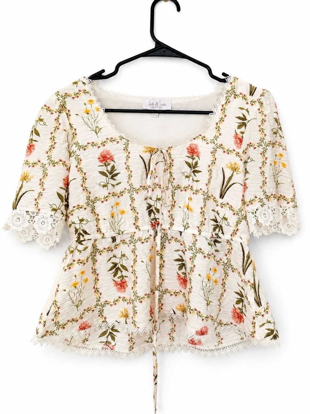 Love & Piece Cream Floral Lace-Trim Peplum Blouse